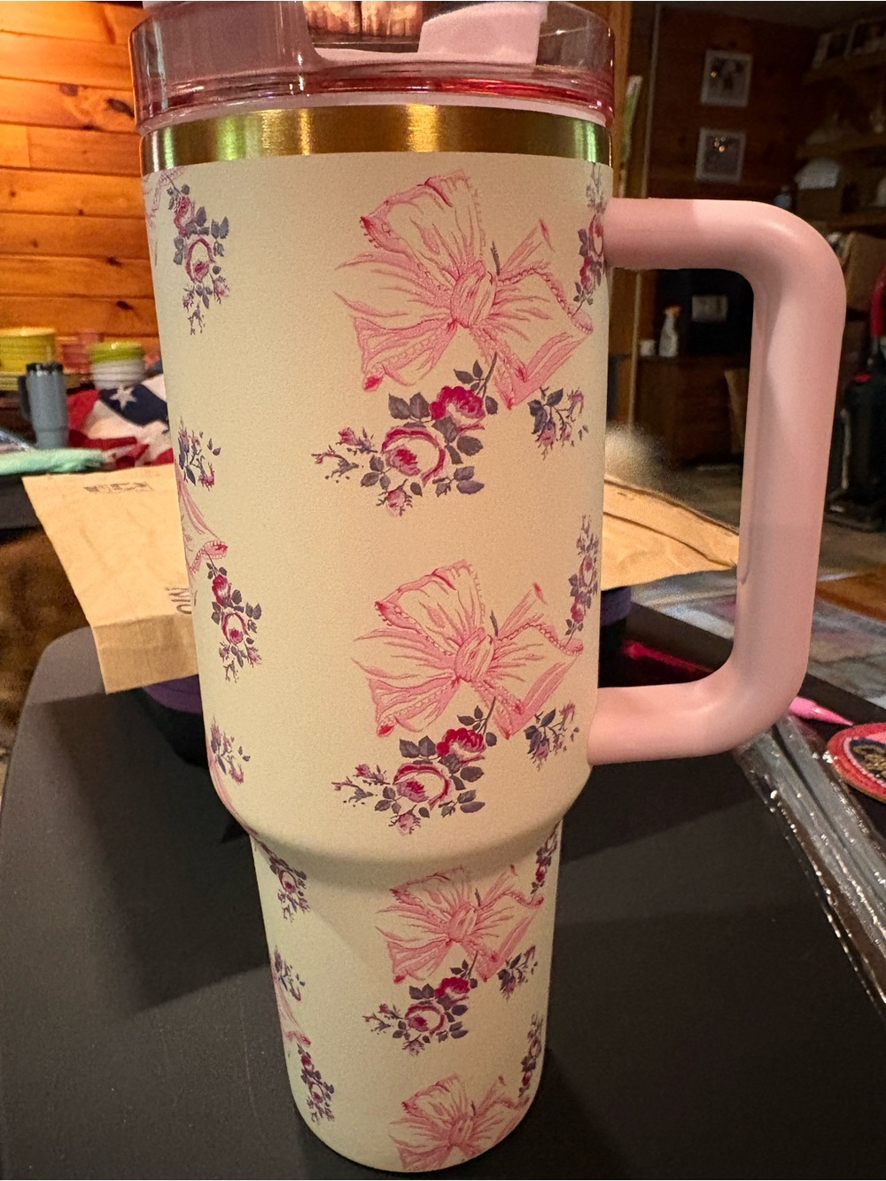 Pink Floral Travel Tumbler with Handle 40oz